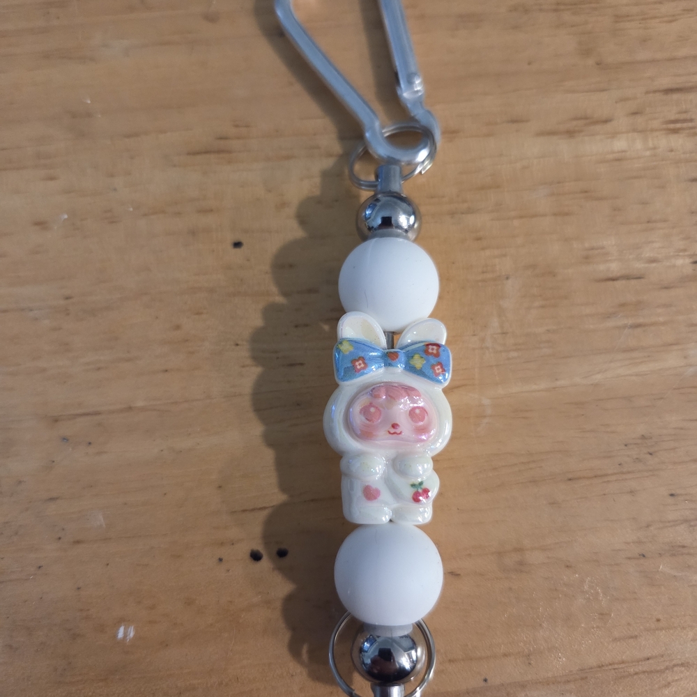 Cute Labubu Hand Made  Keychain with White Beads.